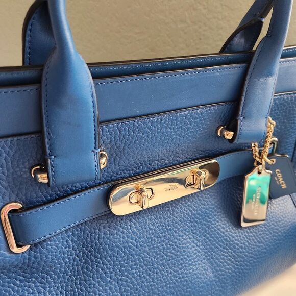 Coach Swagger Pebble Leather Tote In Denim - Picture 8 of 16